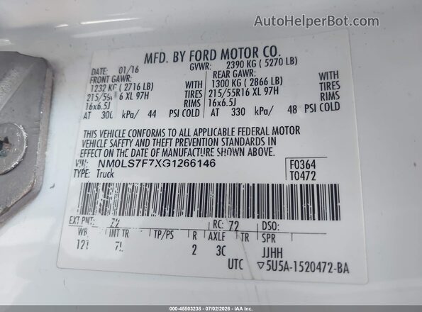 NM0LS7F7XG1266146 2016 FORD TRANSIT CONNECT White Widok komory silnika