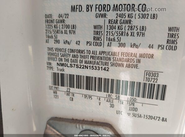NM0LS7S22N1533142 2022 FORD TRANSIT CONNECT White ძრავის განყოფილების ხედი