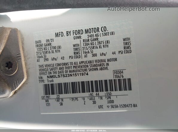 NM0LS7S23N1511974 2022 FORD TRANSIT CONNECT White Вид підкапотного простору