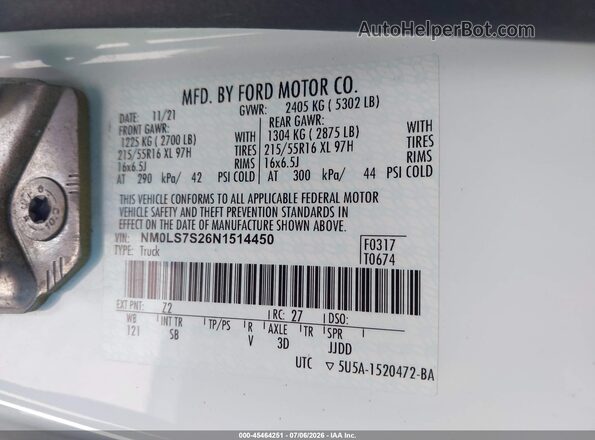 NM0LS7S26N1514450 2022 FORD TRANSIT CONNECT Белый Вид подкапотного пространства