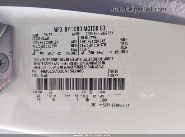 NM0LS7S26N1542488 2022 FORD TRANSIT CONNECT White Շարժիչի բաժամունքի տեսք