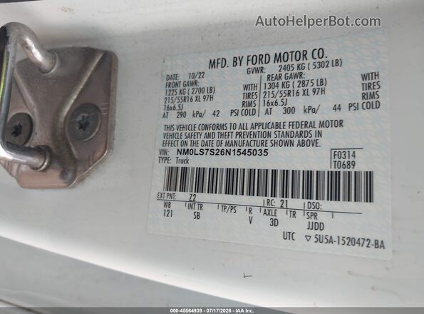 NM0LS7S26N1545035 2022 FORD TRANSIT CONNECT White Vista del compartimento del motor