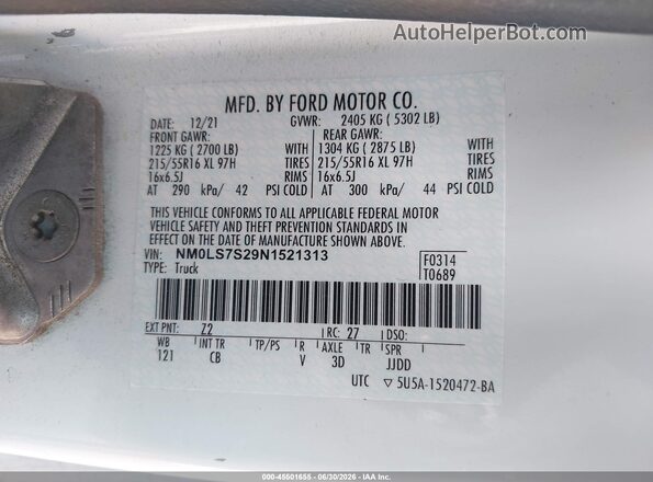 NM0LS7S29N1521313 2022 FORD TRANSIT CONNECT White Вид підкапотного простору