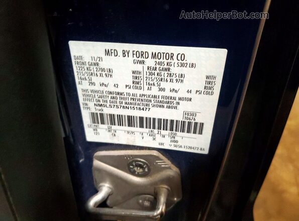 NM0LS7S78N1518477 2022 FORD TRANSIT Blue Вид наклейки з VIN-кодом