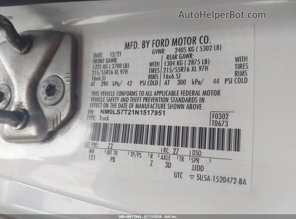 NM0LS7T21N1517951 2022 FORD TRANSIT CONNECT White Շարժիչի բաժամունքի տեսք