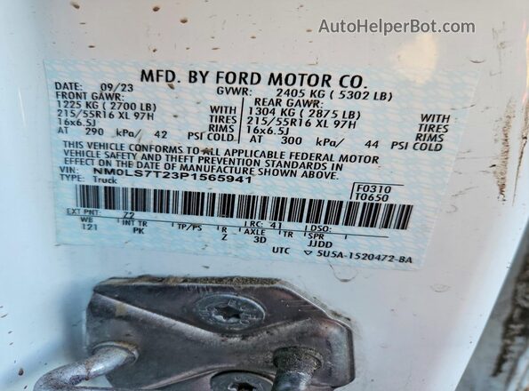 NM0LS7T23P1565941 2023 FORD TRANSIT White Вид наклейки з VIN-кодом