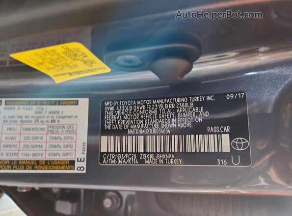 NMTKHMBX0JR034634 2018 TOYOTA C-HR Gray VIN sticker view