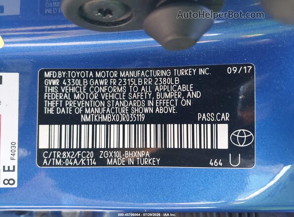 NMTKHMBX0JR035119 2018 TOYOTA C-HR Blue Widok komory silnika