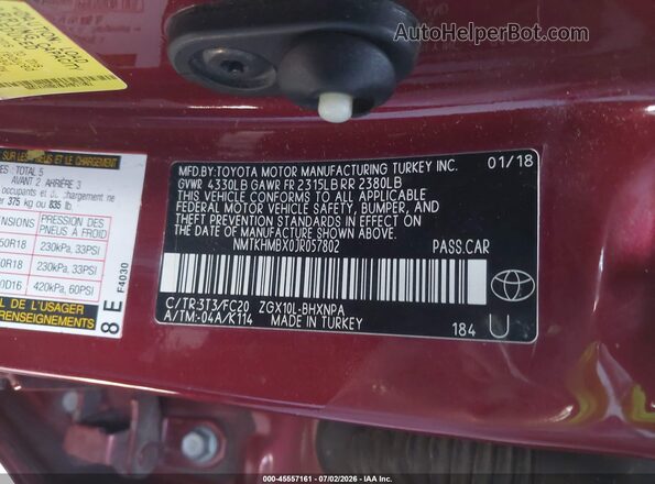 NMTKHMBX0JR057802 2018 TOYOTA C-HR Red Widok komory silnika