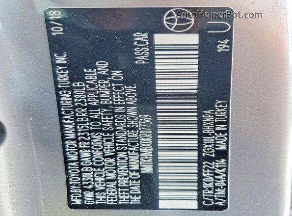 NMTKHMBX0KR077369 2019 TOYOTA C-HR Silver Vista de la etiqueta del VIN