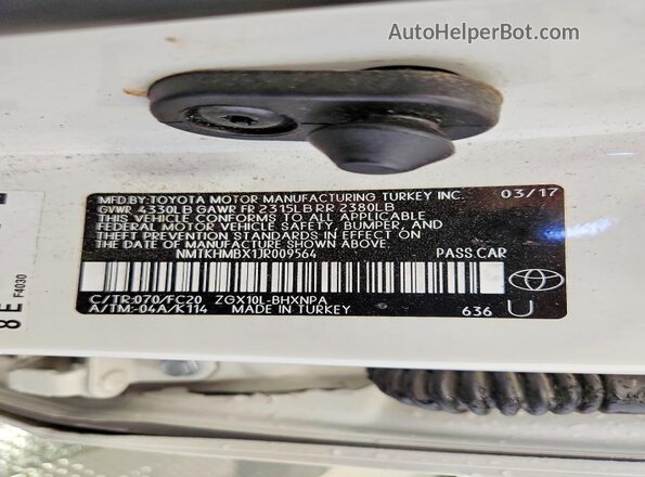 NMTKHMBX1JR009564 2018 TOYOTA C-HR White Вид наклейки з VIN-кодом