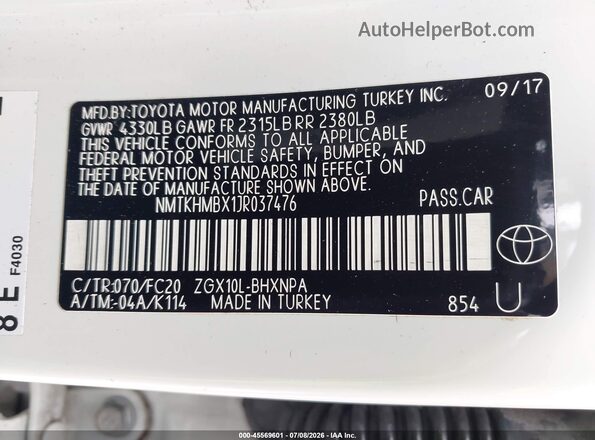 NMTKHMBX1JR037476 2018 TOYOTA C-HR Белый Вид подкапотного пространства