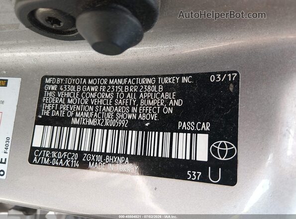 NMTKHMBX2JR005992 2018 TOYOTA C-HR Серебряный Вид подкапотного пространства