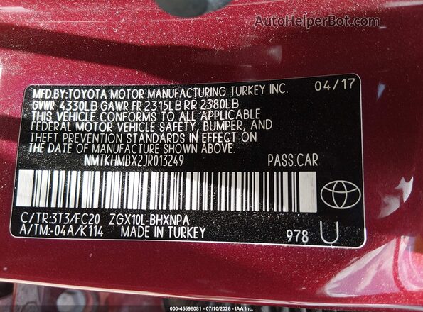 NMTKHMBX2JR013249 2018 TOYOTA C-HR Maroon Engine compartment view