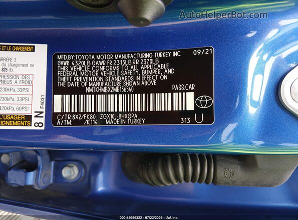 NMTKHMBX2MR136540 2021 TOYOTA C-HR Blue Շարժիչի բաժամունքի տեսք