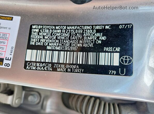 NMTKHMBX3JR028987 2018 TOYOTA C-HR Silver Вид наклейки з VIN-кодом