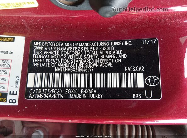 NMTKHMBX3JR046597 2018 TOYOTA C-HR Red ძრავის განყოფილების ხედი