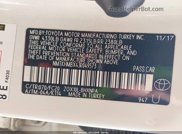 NMTKHMBX4JR049573 2018 TOYOTA C-HR White Вид підкапотного простору