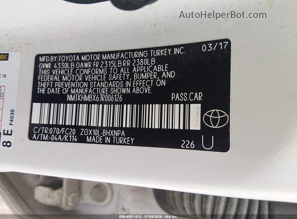 NMTKHMBX6JR006126 2018 TOYOTA C-HR White ძრავის განყოფილების ხედი