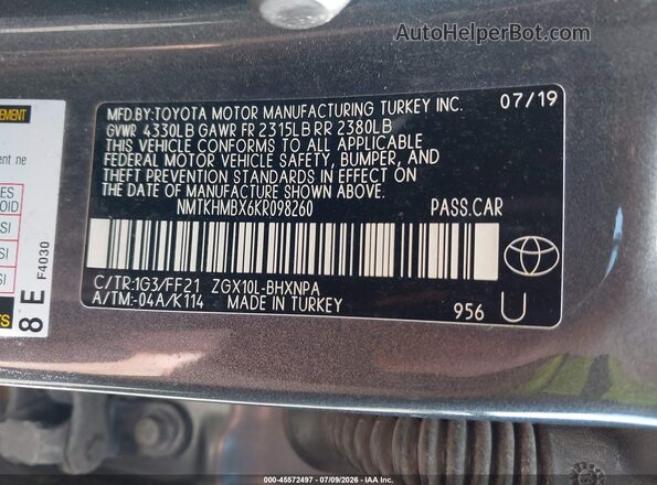 NMTKHMBX6KR098260 2019 TOYOTA C-HR Gray Widok komory silnika
