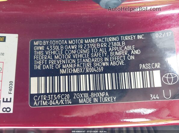 NMTKHMBX7JR004269 2018 TOYOTA C-HR Red Շարժիչի բաժամունքի տեսք