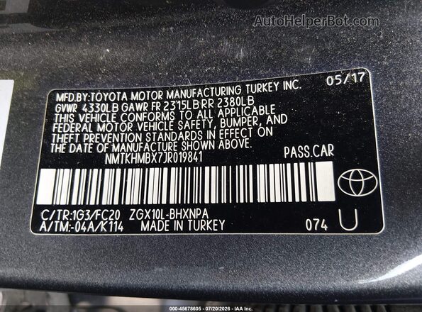 NMTKHMBX7JR019841 2018 TOYOTA C-HR Gray Շարժիչի բաժամունքի տեսք