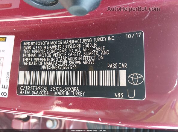 NMTKHMBX7JR041936 2018 TOYOTA C-HR Red Vista del compartimento del motor