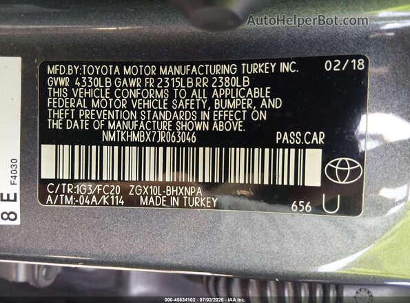 NMTKHMBX7JR063046 2018 TOYOTA C-HR Gray Շարժիչի բաժամունքի տեսք