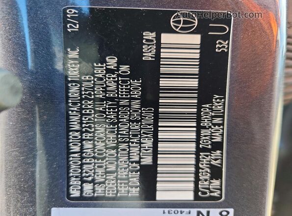 NMTKHMBX7LR106013 2020 TOYOTA C-HR Gray Շարժիչի բաժամունքի տեսք
