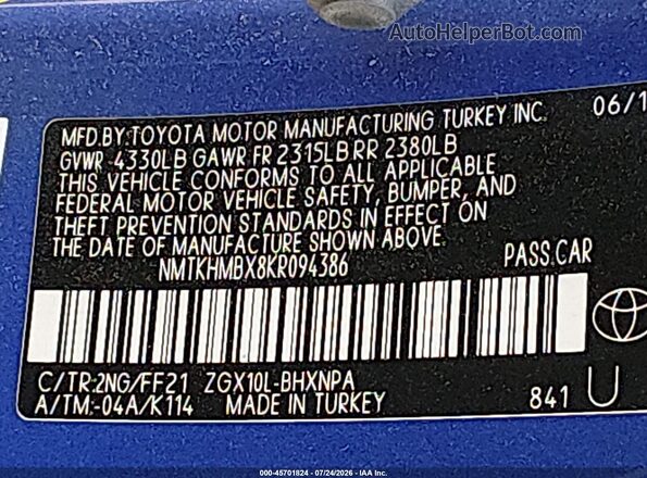 NMTKHMBX8KR094386 2019 TOYOTA C-HR Blue Вид підкапотного простору