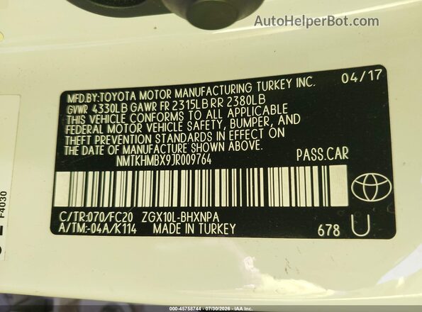 NMTKHMBX9JR009764 2018 TOYOTA C-HR Белый Вид подкапотного пространства