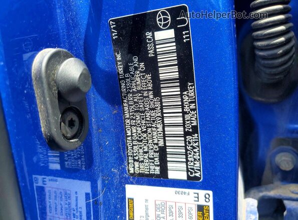 NMTKHMBX9JR048015 2018 TOYOTA C-HR Blue VIN კოდის სტიკერის ხედი