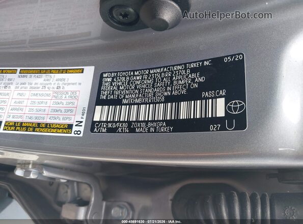 NMTKHMBX9LR113058 2020 TOYOTA C-HR Gray Vista del compartimento del motor