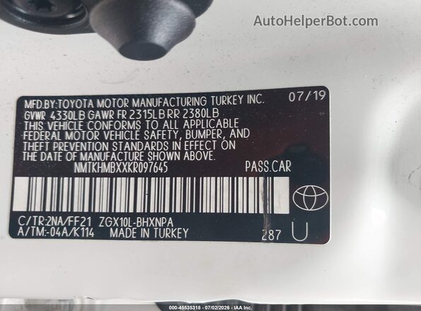 NMTKHMBXXKR097645 2019 TOYOTA C-HR White Вид підкапотного простору
