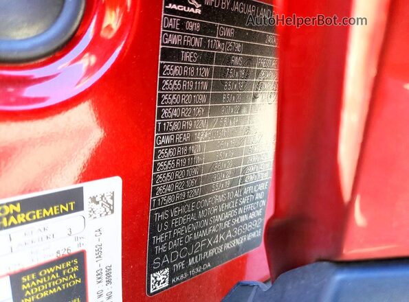 SADCJ2FX4KA369892 2019 JAGUAR F-PACE Red VIN կոդի պիտակի տեսք