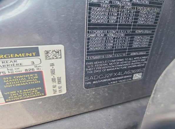 SADCJ2FX4LA636952 2020 JAGUAR F-PACE Gray Widok naklejki z numerem VIN