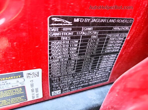 SADCJ2FX7KA606083 2019 JAGUAR F-PACE Red Вид наклейки з VIN-кодом