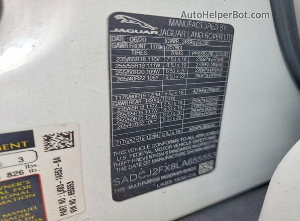 SADCJ2FX8LA655553 2020 JAGUAR F-PACE White VIN կոդի պիտակի տեսք