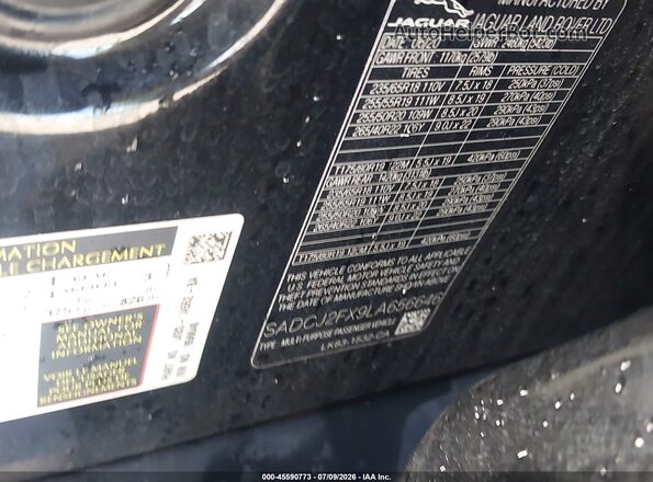 SADCJ2FX9LA656646 2020 JAGUAR F-PACE Black Engine compartment view