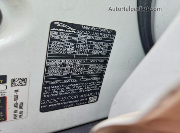 SADCJ2FXXLA648331 2020 JAGUAR F-PACE White ძრავის განყოფილების ხედი
