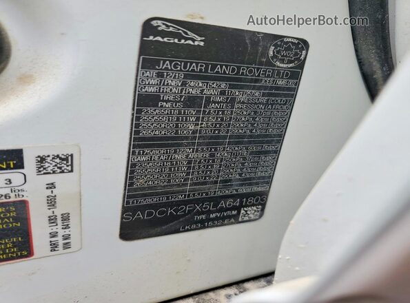 SADCK2FX5LA641803 2020 JAGUAR F-PACE White VIN კოდის სტიკერის ხედი