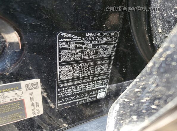 SADCK2GX2LA639263 2020 JAGUAR F-PACE Черный Вид наклейки с VIN-кодом