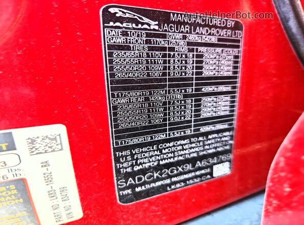 SADCK2GX9LA634769 2020 JAGUAR F-PACE Red Vista de la etiqueta del VIN