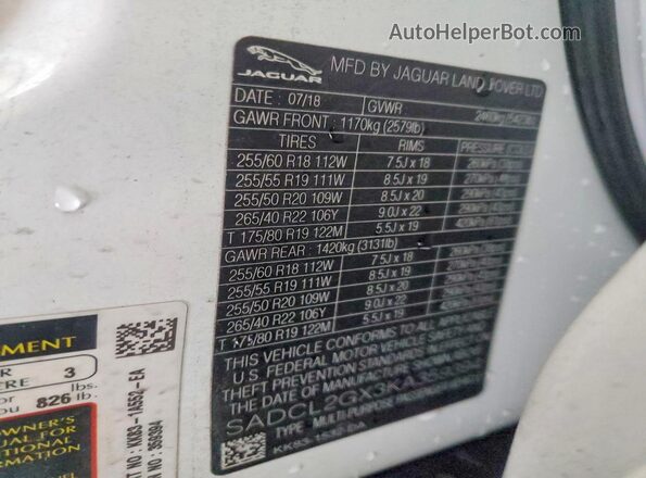 SADCL2GX3KA359394 2019 JAGUAR F-PACE White Панорамний вид салону 360°