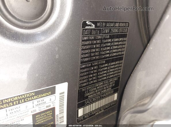 SADCM2BV1HA069599 2017 JAGUAR F-PACE Gray ძრავის განყოფილების ხედი