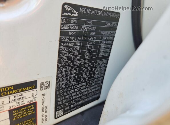 SADCM2FV8KA607040 2019 JAGUAR F-PACE White Вид наклейки з VIN-кодом