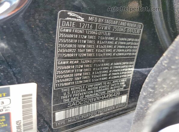 SADCS2BVXHA496429 2017 JAGUAR F-PACE Черный Вид наклейки с VIN-кодом