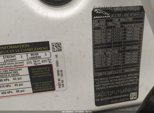SADCT2FU1SA746145 2025 JAGUAR F-PACE White Vista del compartimento del motor