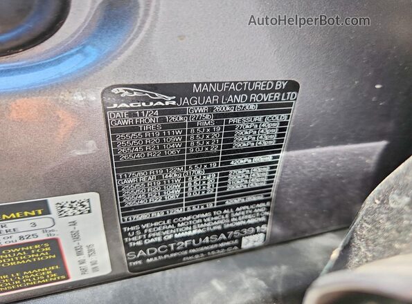 SADCT2FU4SA753915 2025 JAGUAR F-PACE Gray Вид наклейки з VIN-кодом