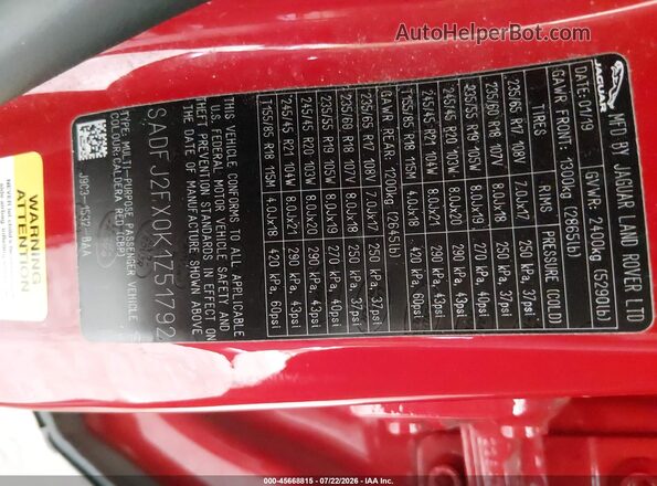SADFJ2FX0K1Z51792 2019 JAGUAR E-PACE Red ძრავის განყოფილების ხედი